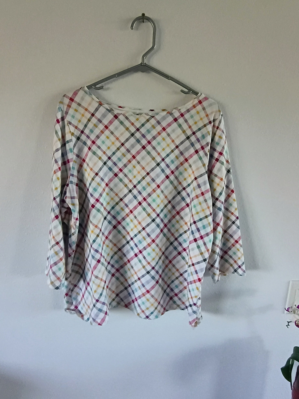 Talbots Plus 2X Pastel Plaid Stretch Knit 3/4 Sleeve Preppy Top
